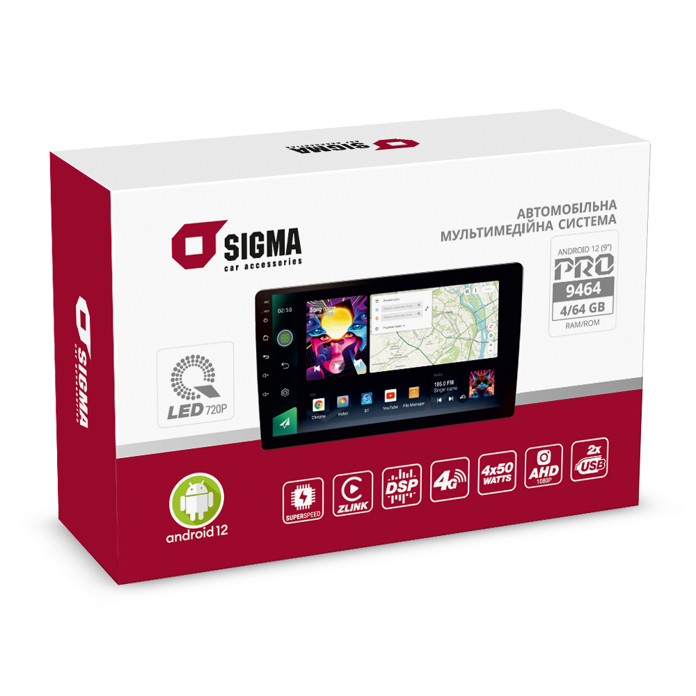 Автомобільна мультимедійна система SIGMA PRO 9464 ANDROID 12 4+64 Gb 4G DSP (9")