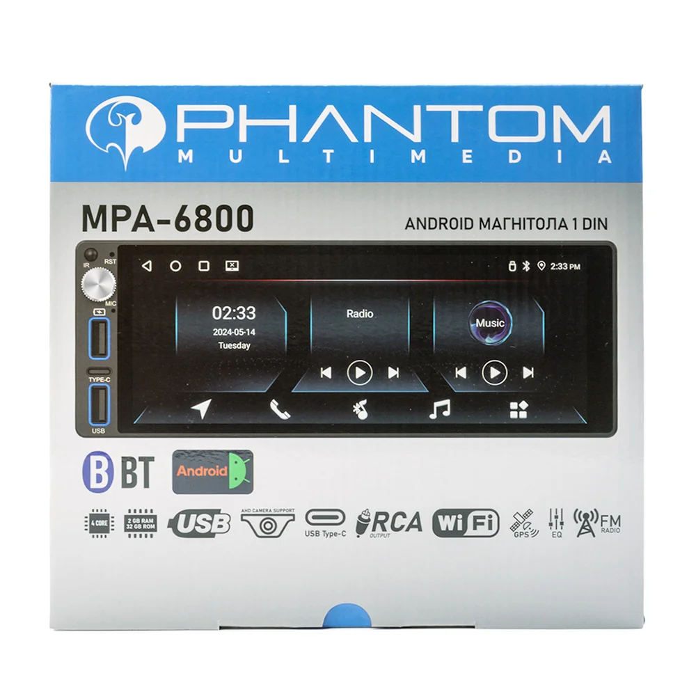Сенсорна автомобільна магнітола 1Din PHANTOM MPA-6800 CarPlay/Android Auto