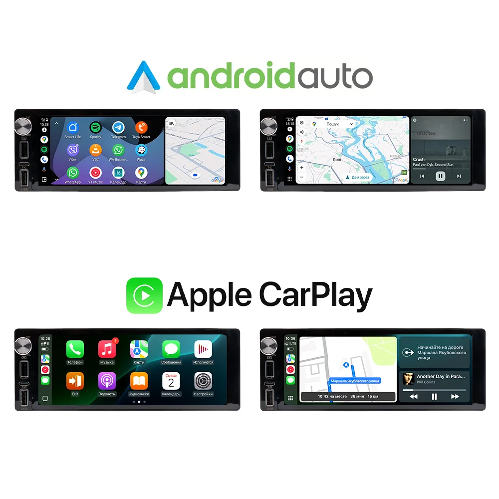 Сенсорна автомобільна магнітола 1Din PHANTOM MPA-6800 CarPlay/Android Auto
