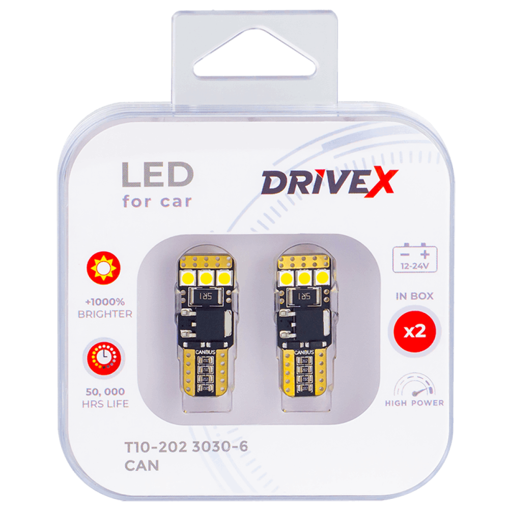 Лед лампи в габарити підсвітку номера та салона DriveX T10-202 3030-6 9-48V CAN W5W к-т.