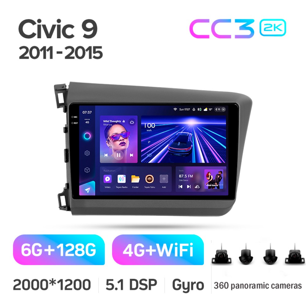 Штатная магнитола Teyes CC3 6+128 Gb с круговым обзором 360° Honda Civic 9 FB FK FD 2011-2015 9" 2k