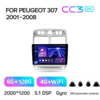 Штатна магнітола Teyes CC3 6+128 Gb з коловим оглядом 360° Peugeot 307 1 2001-2008 9" 2k