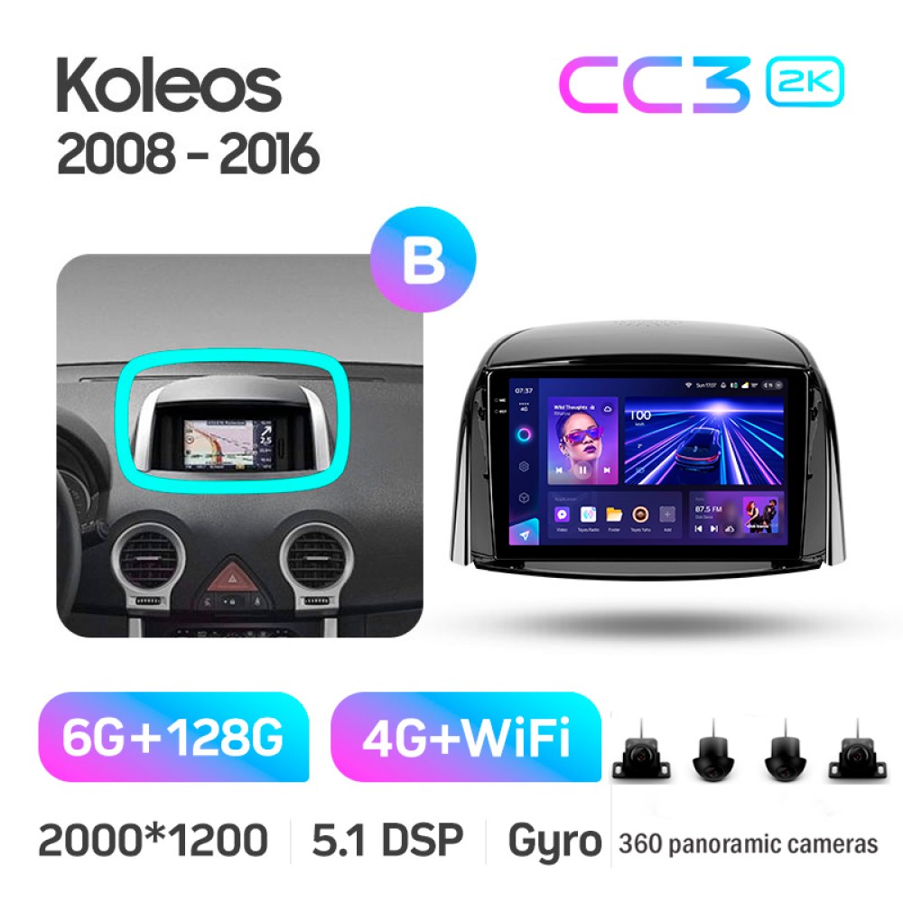 Штатная магнитола Teyes CC3 6+128 Gb с круговым обзором 360° Renault Koleos 2008 – 2016 (B) 9" 2k (L1)