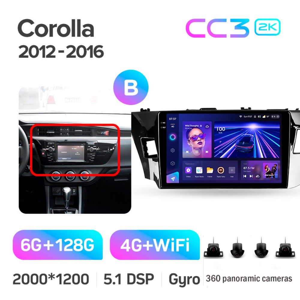 Штатна магнітола Teyes CC3 6+128 Gb з коловим оглядом 360° Toyota Corolla 11 2012-2016 (B) 10" 2k