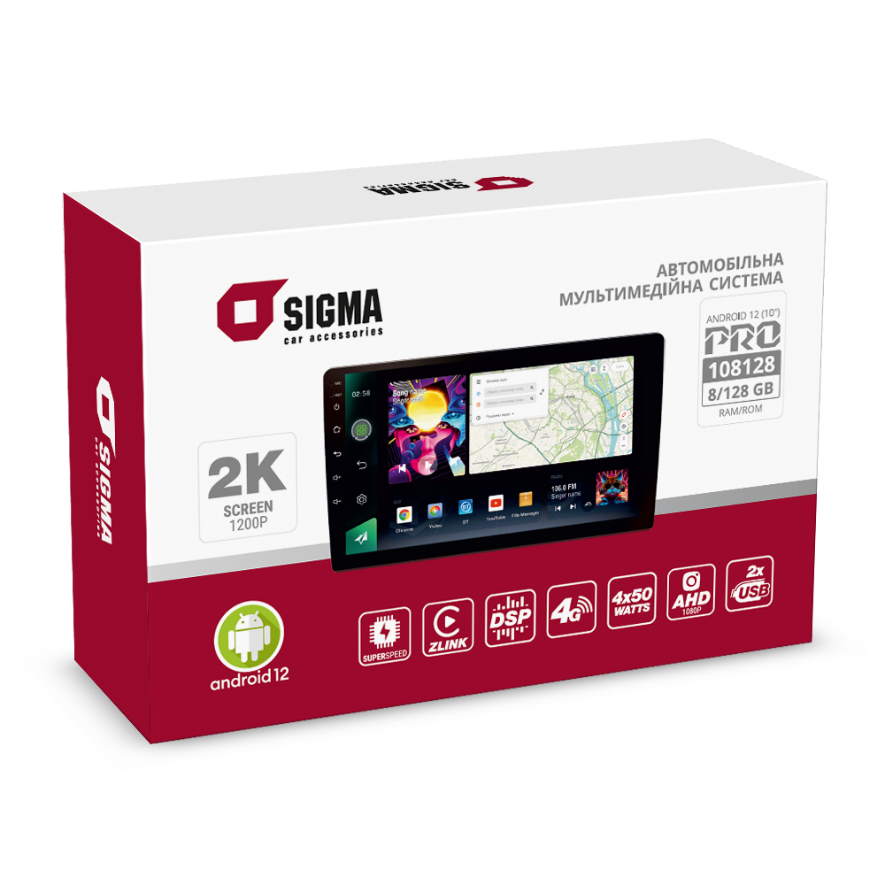 Автомобільна мультимедійна система SIGMA PRO 108128 ANDROID 12 8+128 Gb 4G DSP (10") 2k