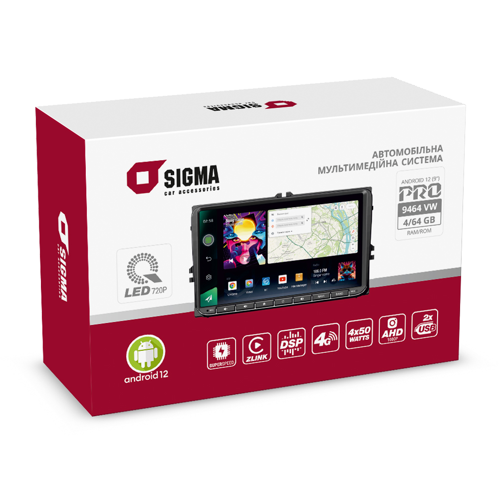 Автомобильная мультимедийная система SIGMA PRO 9464 VW ANDROID 12 4+64 Gb 4G DSP (9")